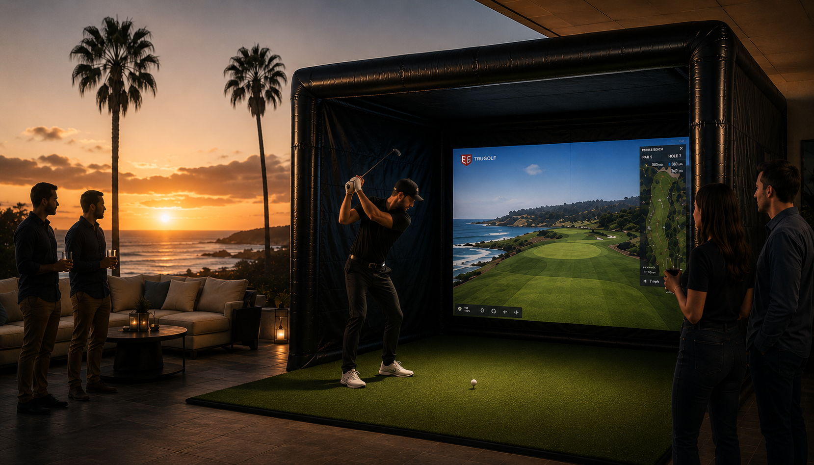 Mobile golf simulator at sunset in San Diego