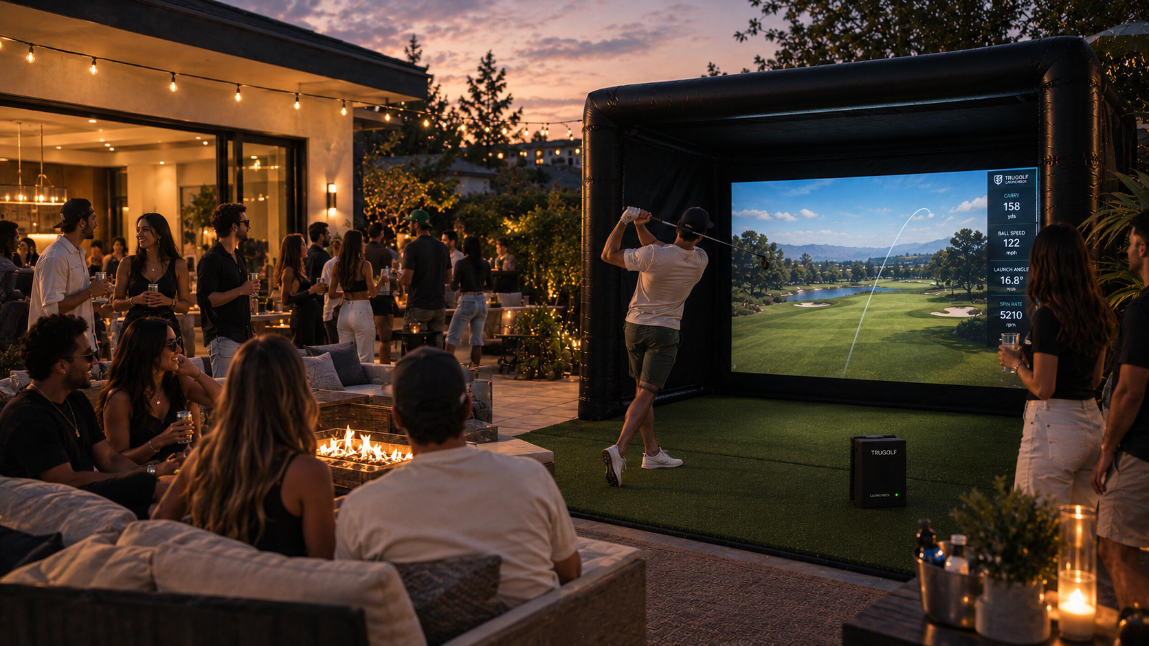 Mobile golf simulator at sunset in San Diego